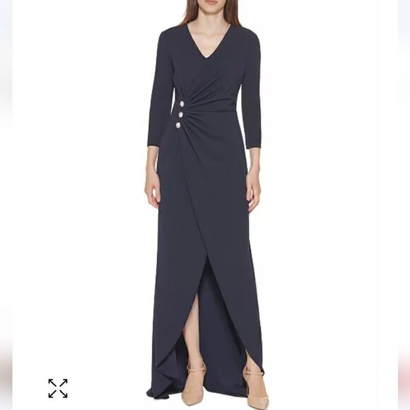 Calvin Klein Gorgeous Embellished Faux-Wrap Gown Indigo Blue Size 2 NWOT - Picture 4 of 6